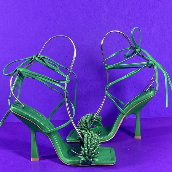 Topshop Green Riley Beaded Trim Heeled Sandal With Ankle Tiel Women's Size 6-NEW - Picture 5 of 8